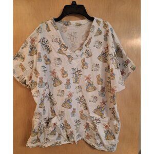 Womens Happy Easter Scrub Top XL White Pink Beige Blue V Neck